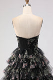 Robe de bal longue noire à volants à volants en A, découpe brette avec nœuds