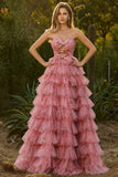 Robe de bal de bal longue à volants à volants en fleurs roses, fleurs roses, découpée en A, avec nœuds