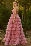 Robe de bal de bal longue à volants à volants en fleurs roses, fleurs roses, découpée en A, avec nœuds