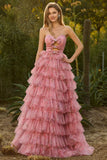 Robe de bal de bal longue à volants à volants en fleurs roses, fleurs roses, découpée en A, avec nœuds