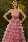 Robe de bal de bal longue à volants à volants en fleurs roses, fleurs roses, découpée en A, avec nœuds