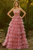 Robe de bal de bal longue à volants à volants en fleurs roses, fleurs roses, découpée en A, avec nœuds