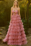 Robe de bal de bal longue à volants à volants en fleurs roses, fleurs roses, découpée en A, avec nœuds