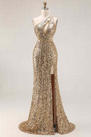 Robes de soirée longue dorée à paillettes asymétrique ligne sirène avec fente