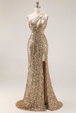 Robes de soirée longue dorée à paillettes asymétrique ligne sirène avec fente