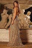Robe de bal longue de bal dorée scintillante à une épaule en forme de sirène à paillettes