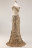 Robes de soirée longue dorée à paillettes asymétrique ligne sirène avec fente