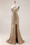 Robes de soirée longue dorée à paillettes asymétrique ligne sirène avec fente