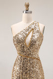 Robes de soirée longue dorée à paillettes asymétrique ligne sirène avec fente