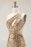 Robes de soirée longue dorée à paillettes asymétrique ligne sirène avec fente