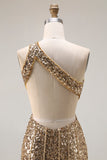 Robes de soirée longue dorée à paillettes asymétrique ligne sirène avec fente