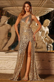 Robe de bal longue de bal dorée scintillante à une épaule en forme de sirène à paillettes