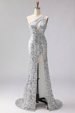 Robes de soirée longue dorée à paillettes asymétrique ligne sirène avec fente