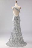 Robes de soirée longue dorée à paillettes asymétrique ligne sirène avec fente