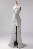 Robe de bal longue de bal argentée argentée à une épaule découpée à paillettes sirène avec fente