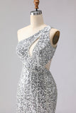 Robes de soirée longue dorée à paillettes asymétrique ligne sirène avec fente