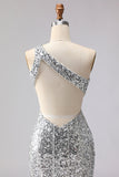 Robe de bal longue de bal argentée argentée à une épaule découpée à paillettes sirène avec fente