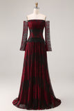 Robe de bal noire rouge sur les épaules décollées à manches longues