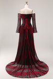 Robe de bal noire rouge sur les épaules décollées à manches longues