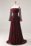 Robe de bal noire rouge sur les épaules décollées à manches longues