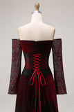 Robe de bal noire rouge sur les épaules décollées à manches longues