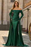 Robe longue de bal en satin de fin d’année vert foncé à larges manches