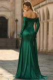 Robe longue de bal en satin de fin d’année vert foncé à larges manches