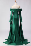 Robe longue de bal en satin vert foncé à épaules dénudées, manches longues