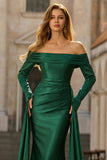 Robe longue de bal en satin de fin d’année vert foncé à larges manches