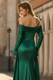 Robe longue de bal en satin de fin d’année vert foncé à larges manches