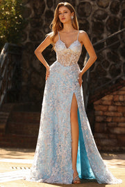 Sequins bleus Une ligne Corset transparent 3D Fleurs Longue-robe de bal avec fente