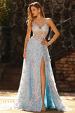 Sequins bleus Une ligne Corset transparent 3D Fleurs Longue-robe de bal avec fente
