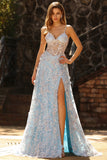 Sequins bleus Une ligne Corset transparent 3D Fleurs Longue-robe de bal avec fente