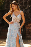Sequins bleus Une ligne Corset transparent 3D Fleurs Longue-robe de bal avec fente