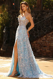 Sequins bleus Une ligne Corset transparent 3D Fleurs Longue-robe de bal avec fente
