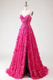 Fuchsia Ligne A Sequins, corset transparent 3D fleurs, longue robe de bal avec fente