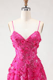 Fuchsia Ligne A Sequins, corset transparent 3D fleurs, longue robe de bal avec fente