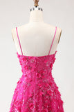 Sequins bleus Une ligne Corset transparent 3D Fleurs Longue-robe de bal avec fente