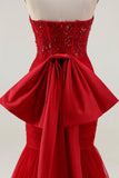 Corset sirène rouge pailleté Sweetheart Sequins robe longue de bal froncée avec nœud
