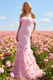 Robe de bal de bal rose 3D à fleurs 3D dénudées