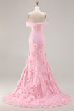 Robe de bal de bal rose 3D à fleurs 3D dénudées