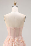 Corset de bal longue convertible, longue robe de bal à manches en tulle à ligne A à blush
