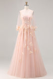Corset de bal longue convertible, longue robe de bal à manches en tulle à ligne A à blush