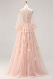 Corset de bal longue convertible, longue robe de bal à manches en tulle à ligne A à blush