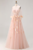 Corset de bal longue convertible, longue robe de bal à manches en tulle à ligne A à blush