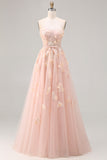 Corset de bal longue convertible, longue robe de bal à manches en tulle à ligne A à blush