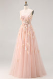Corset de bal longue convertible, longue robe de bal à manches en tulle à ligne A à blush