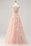Corset de bal longue convertible, longue robe de bal à manches en tulle à ligne A à blush