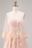 Corset de bal longue convertible, longue robe de bal à manches en tulle à ligne A à blush
