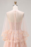 Corset de bal longue convertible, longue robe de bal à manches en tulle à ligne A à blush